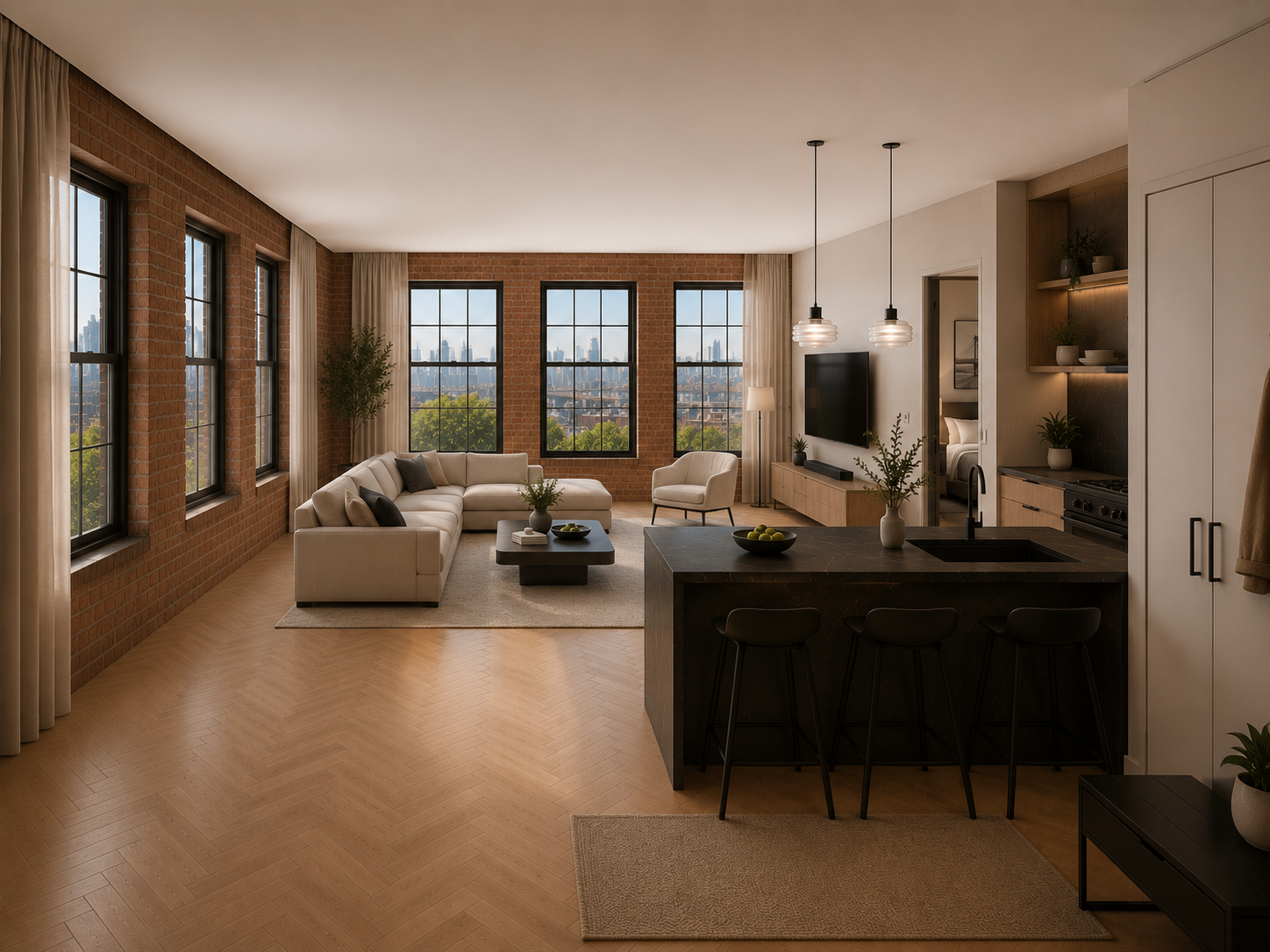 Open living and kitchen space with herringbone floors and skyline views