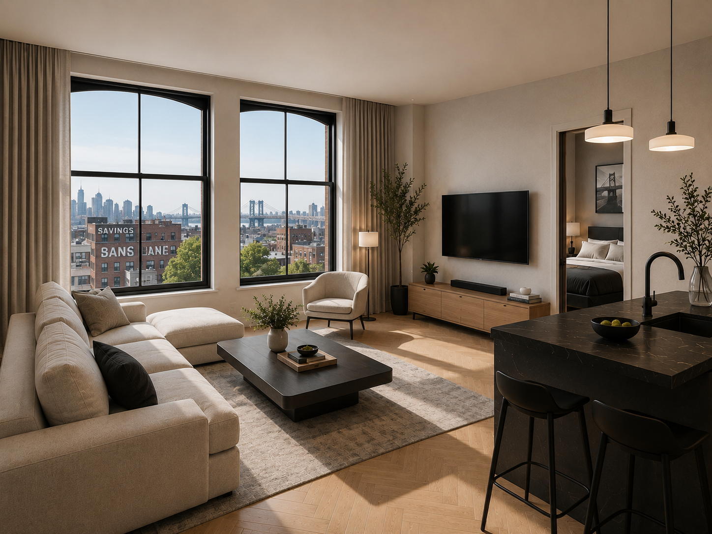 Living room with skyline and bridge views through arched windows