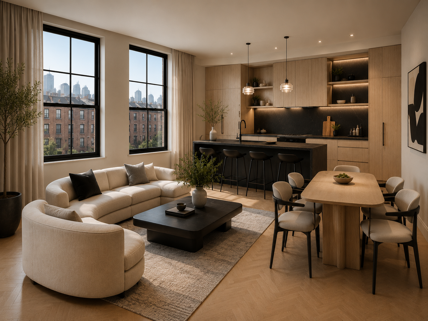 Open living and dining room with kitchen island and skyline views