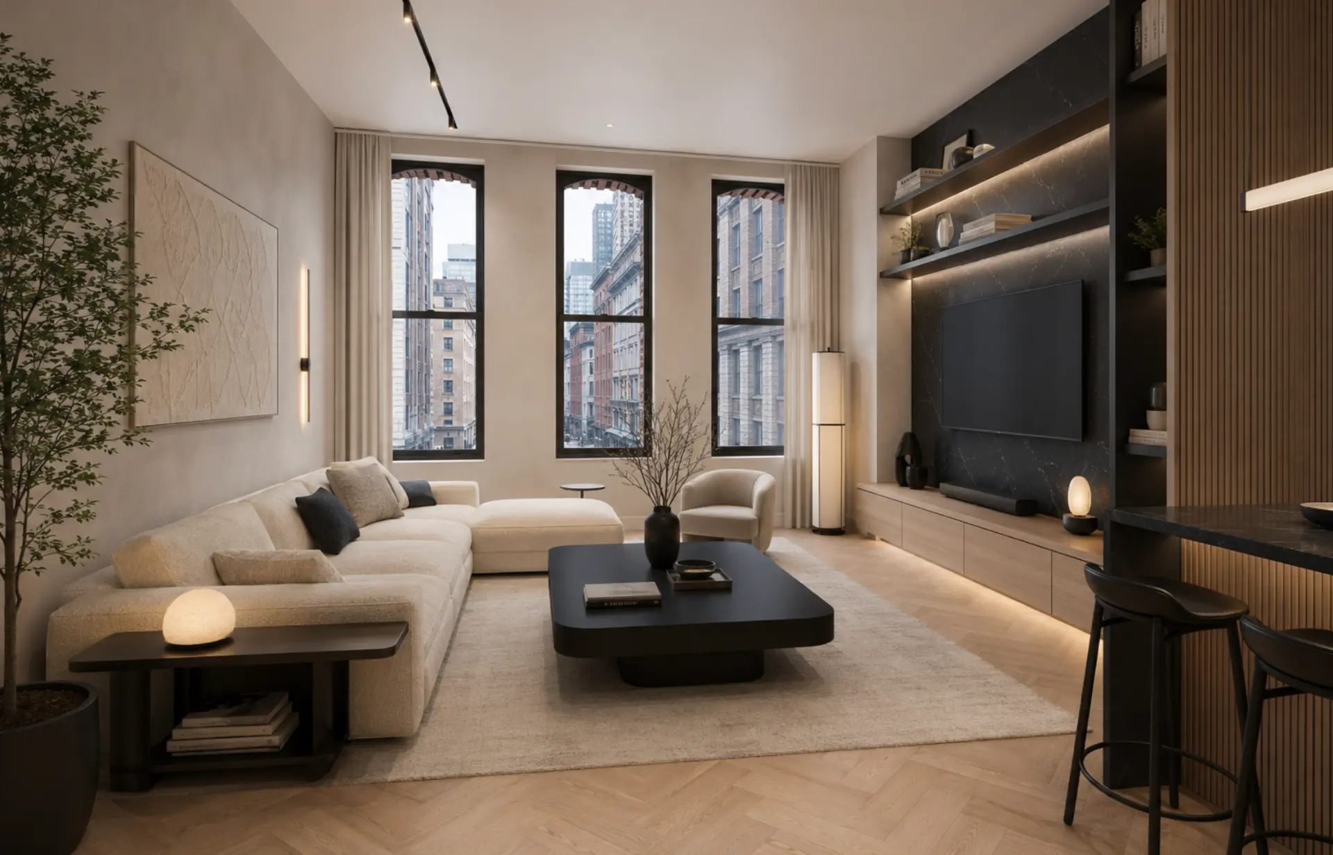 Living room with herringbone floors, arched windows and a dark stone media wall