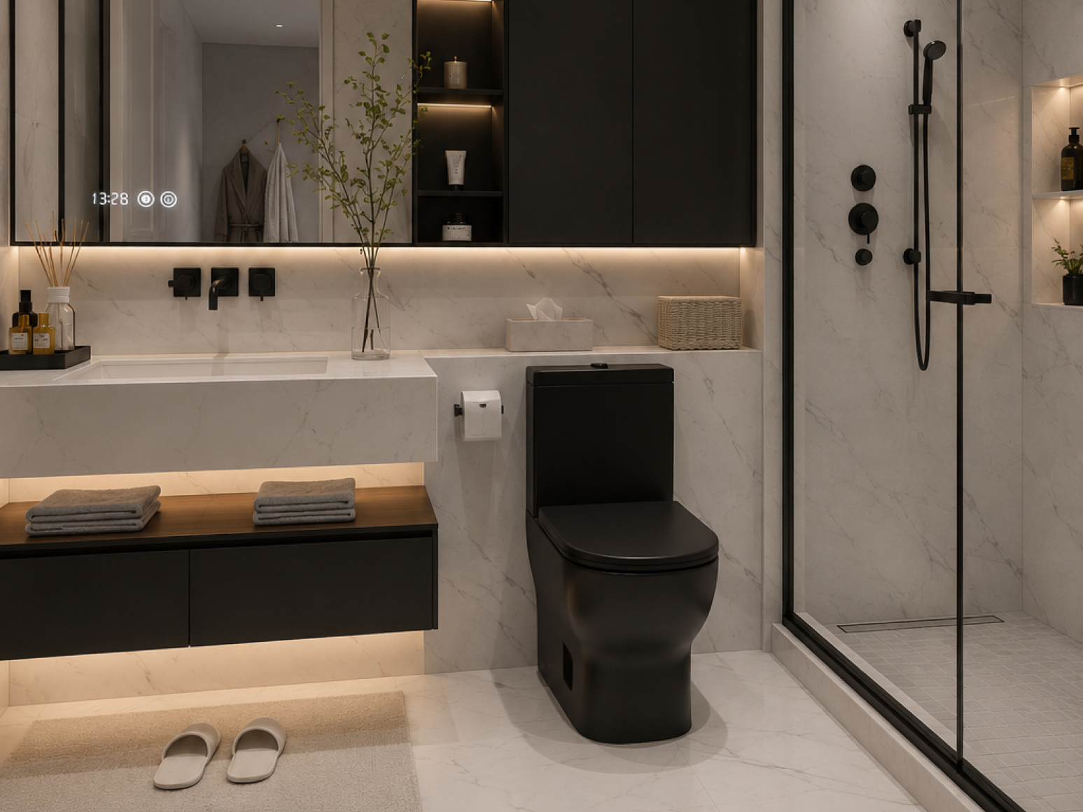 Spa-style bathroom with marble surfaces, black fixtures and a walk-in shower