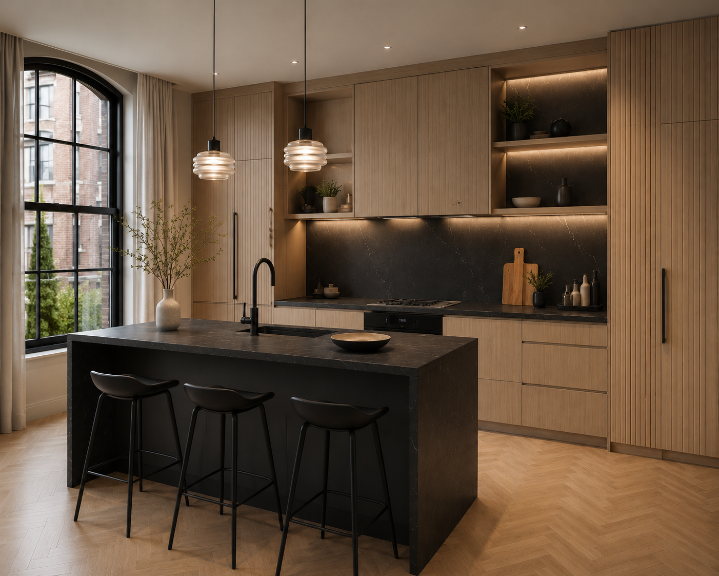 Kitchen with oak millwork, black stone island and arched window