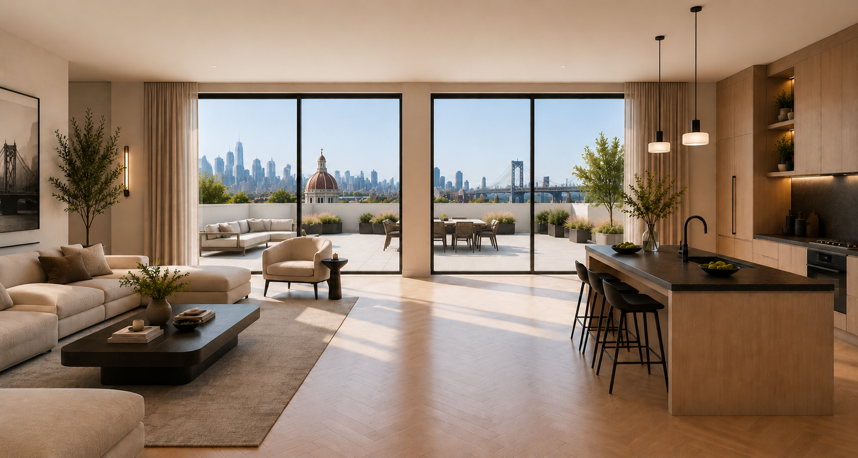 Open-plan great room and kitchen opening onto a terrace with skyline views