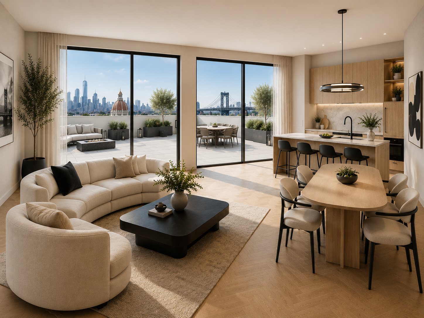 Rooftop terrace with lounge seating and skyline views at dusk