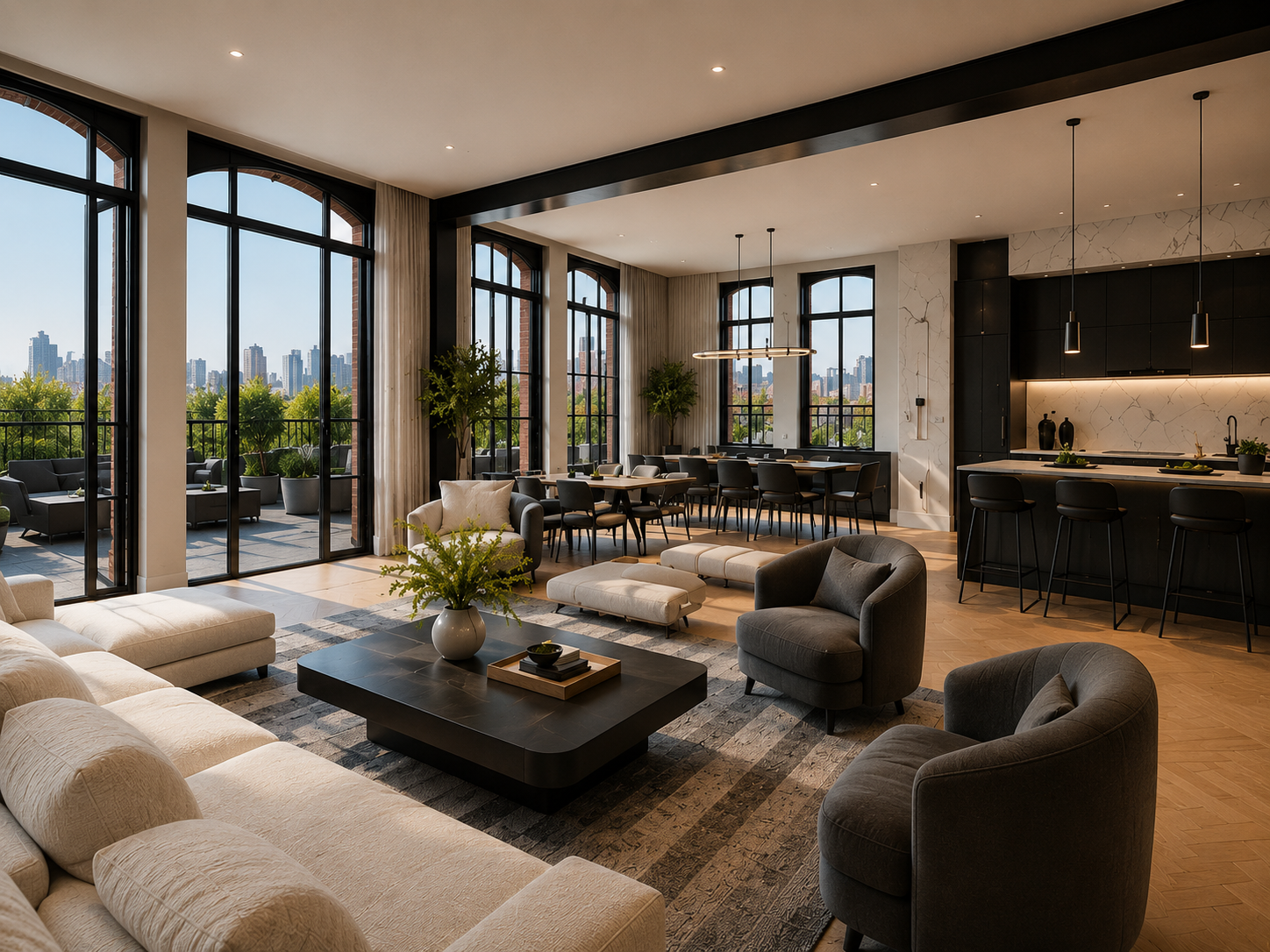 Great room with double-height arched windows opening onto a landscaped terrace