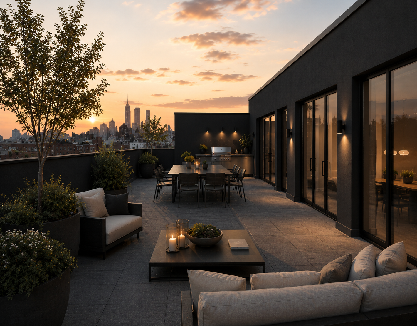 Rooftop terrace at sunset with dining table, lounge seating and the Manhattan skyline