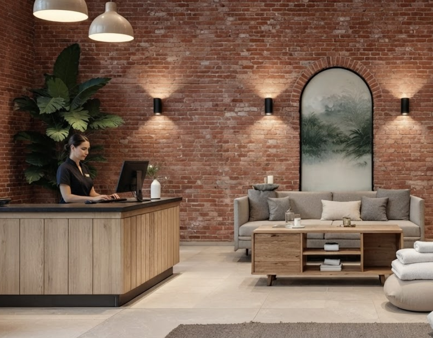 Lobby with exposed brick, concierge desk and lounge seating