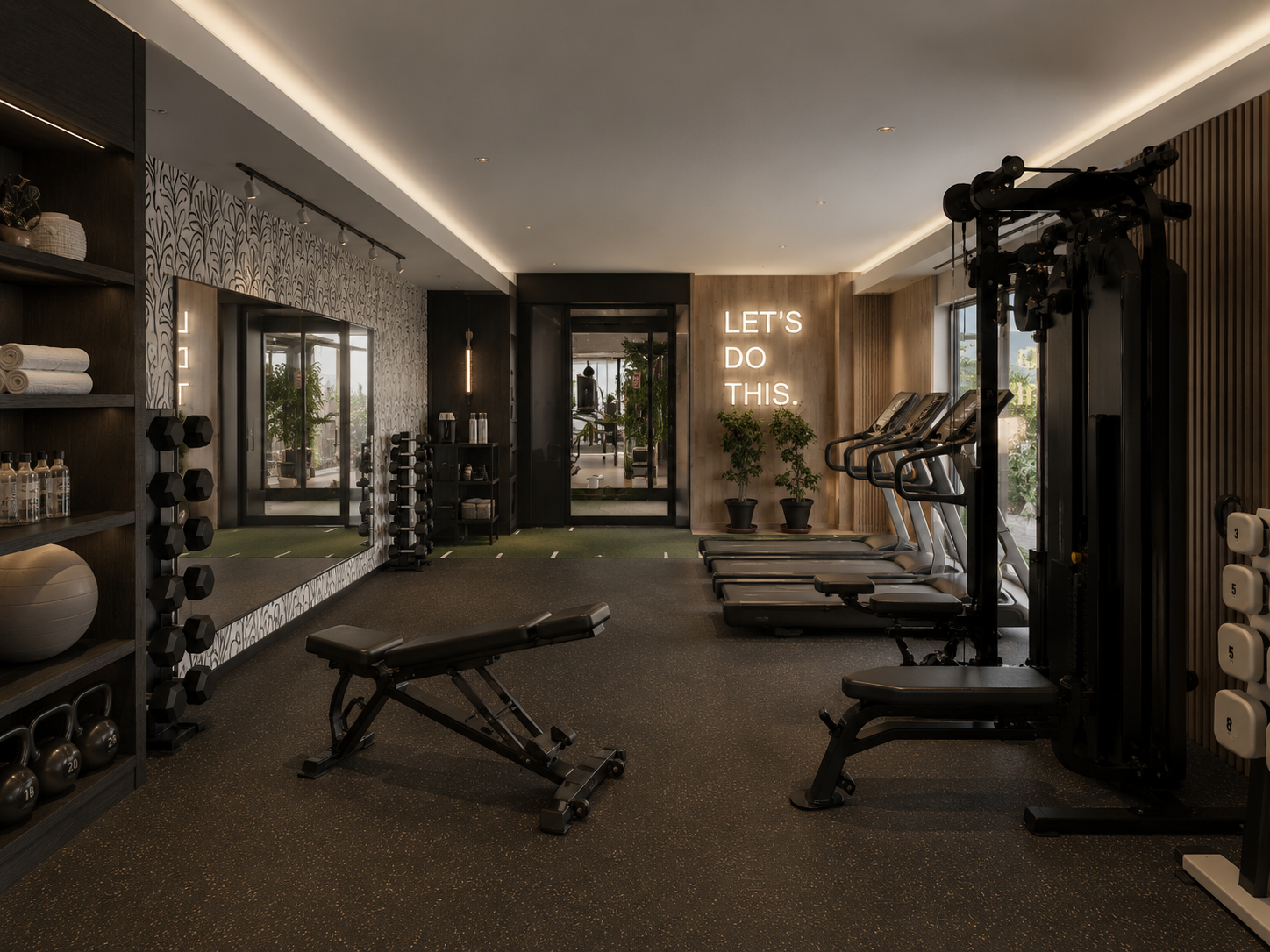 Resident fitness center with free weights, treadmills and warm wood detailing